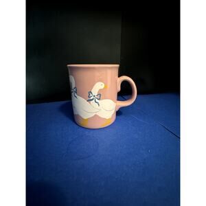 Vintage 1980s Geese with Blue Ribbons Pink Coffee Mug Made in England